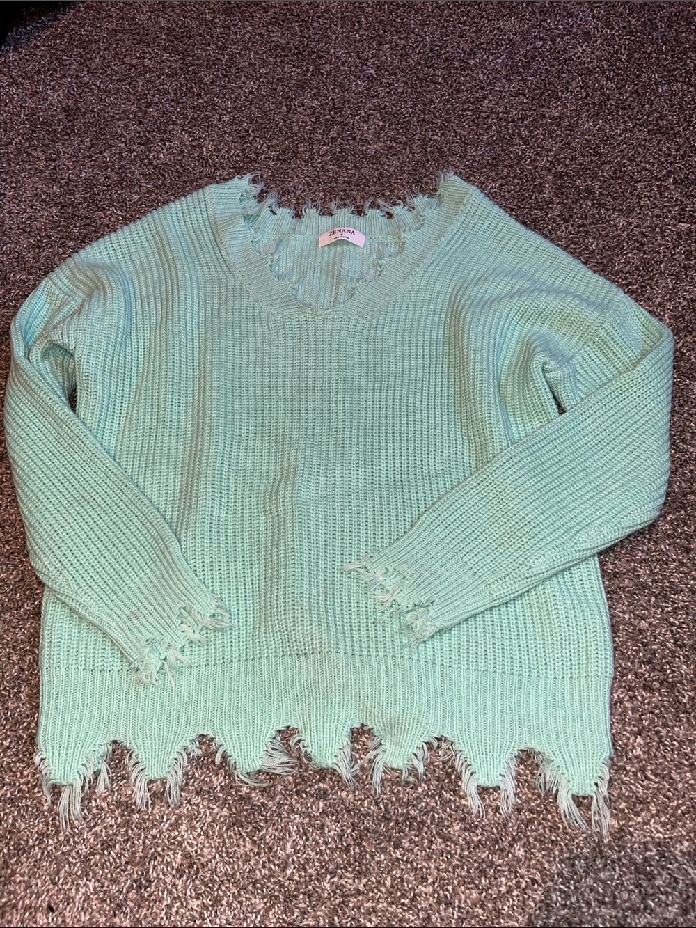 Zena Mint Distressed V-Neck Sweater
